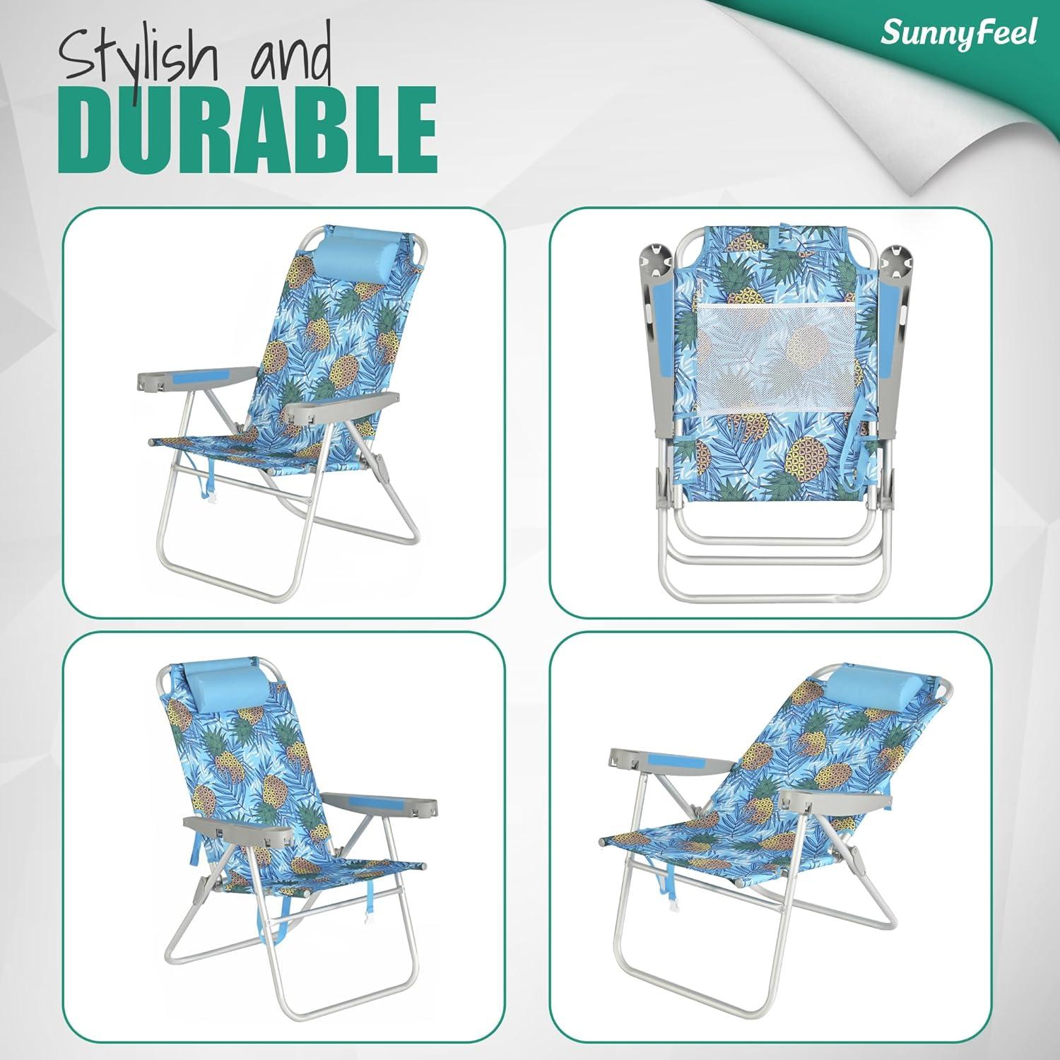 image:imageSUNNYFEEL Oversized Tall Folding Beach Chair Lightweight 17 Portable Sand Chair for Adults Heavy Duty 500 LBS with Cup Holders Foldable High Camping Lawn Chairs for CampOutdoorPicnicSportsBlue Pineapple2pack