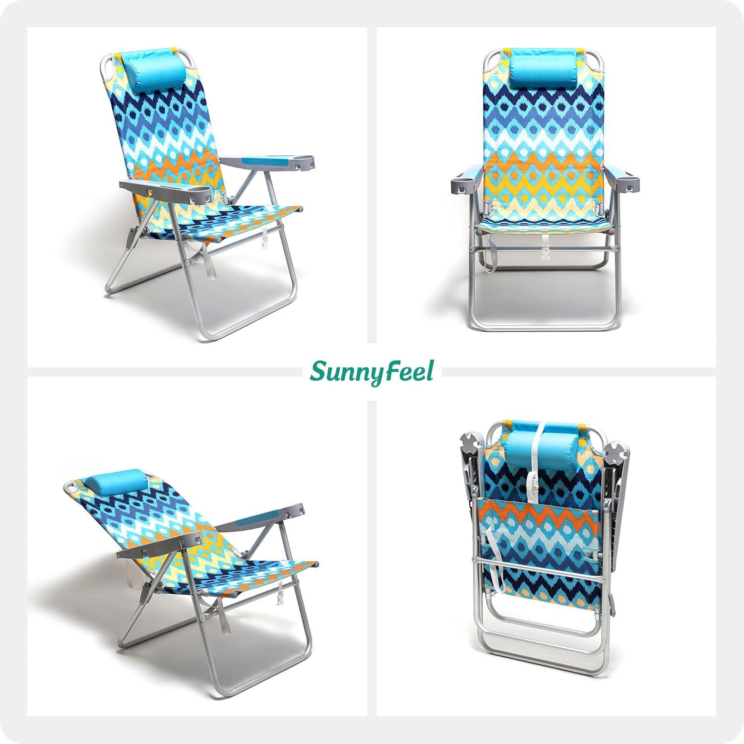 image:imageSUNNYFEEL Oversized Tall Folding Beach Chair Lightweight 17 Portable Sand Chair for Adults Heavy Duty 500 LBS with Cup Holders Foldable High Camping Lawn Chairs for CampOutdoorPicnicSportsBlue Wave