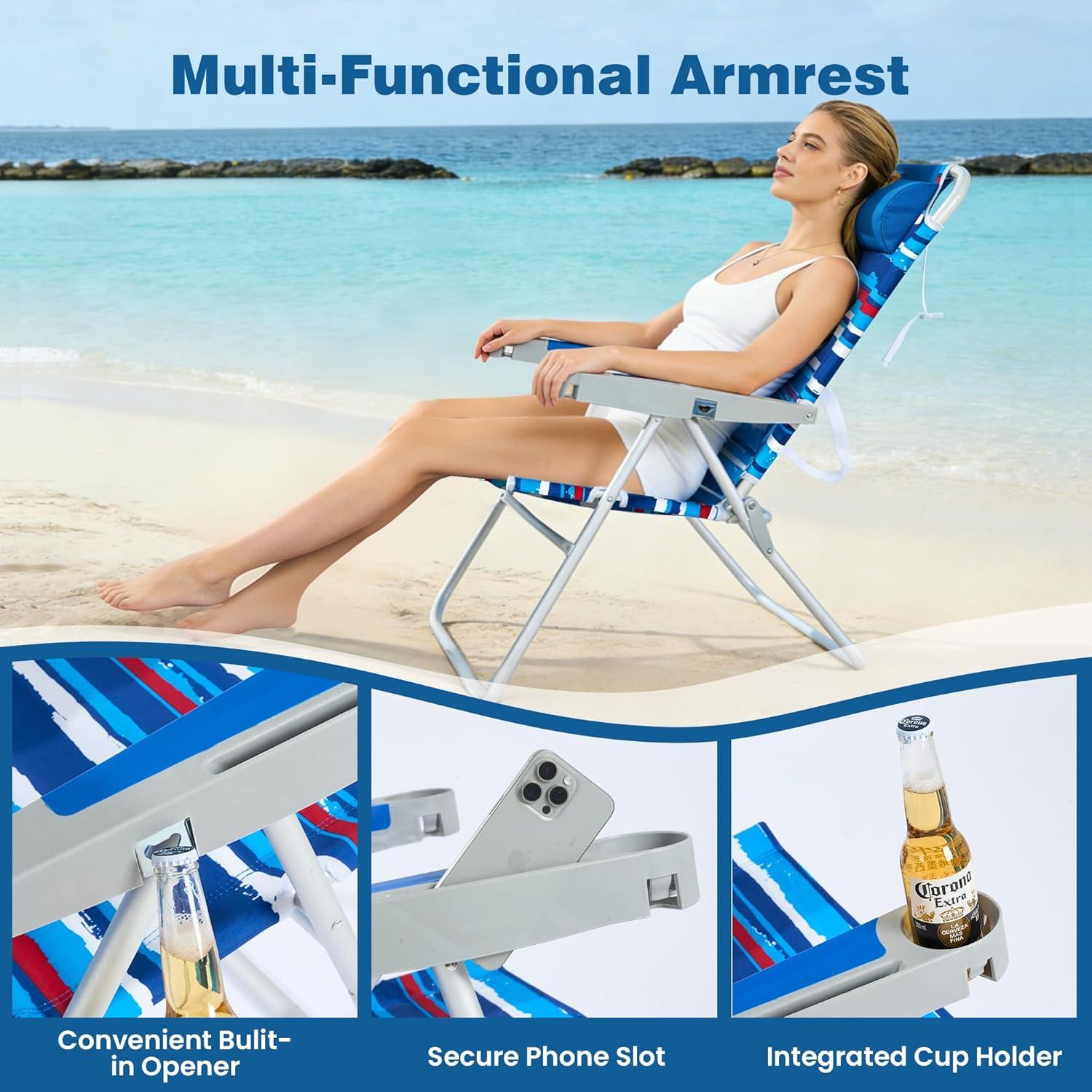 image:imageSUNNYFEEL Oversized Tall Folding Beach Chair Lightweight 17 Portable Sand Chair for Adults Heavy Duty 500 LBS with Cup Holders Foldable High Camping Lawn Chairs for CampOutdoorPicnicSportsDarkblue Stripe2pack