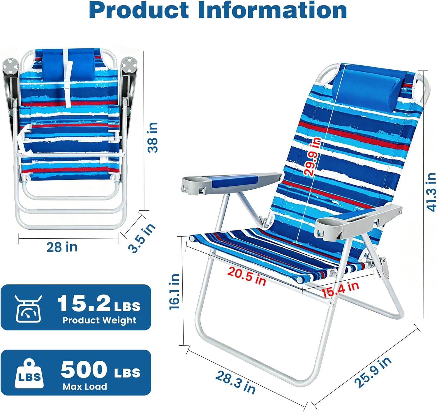 image:imageSUNNYFEEL Oversized Tall Folding Beach Chair Lightweight 17 Portable Sand Chair for Adults Heavy Duty 500 LBS with Cup Holders Foldable High Camping Lawn Chairs for CampOutdoorPicnicSportsDarkblue Stripe
