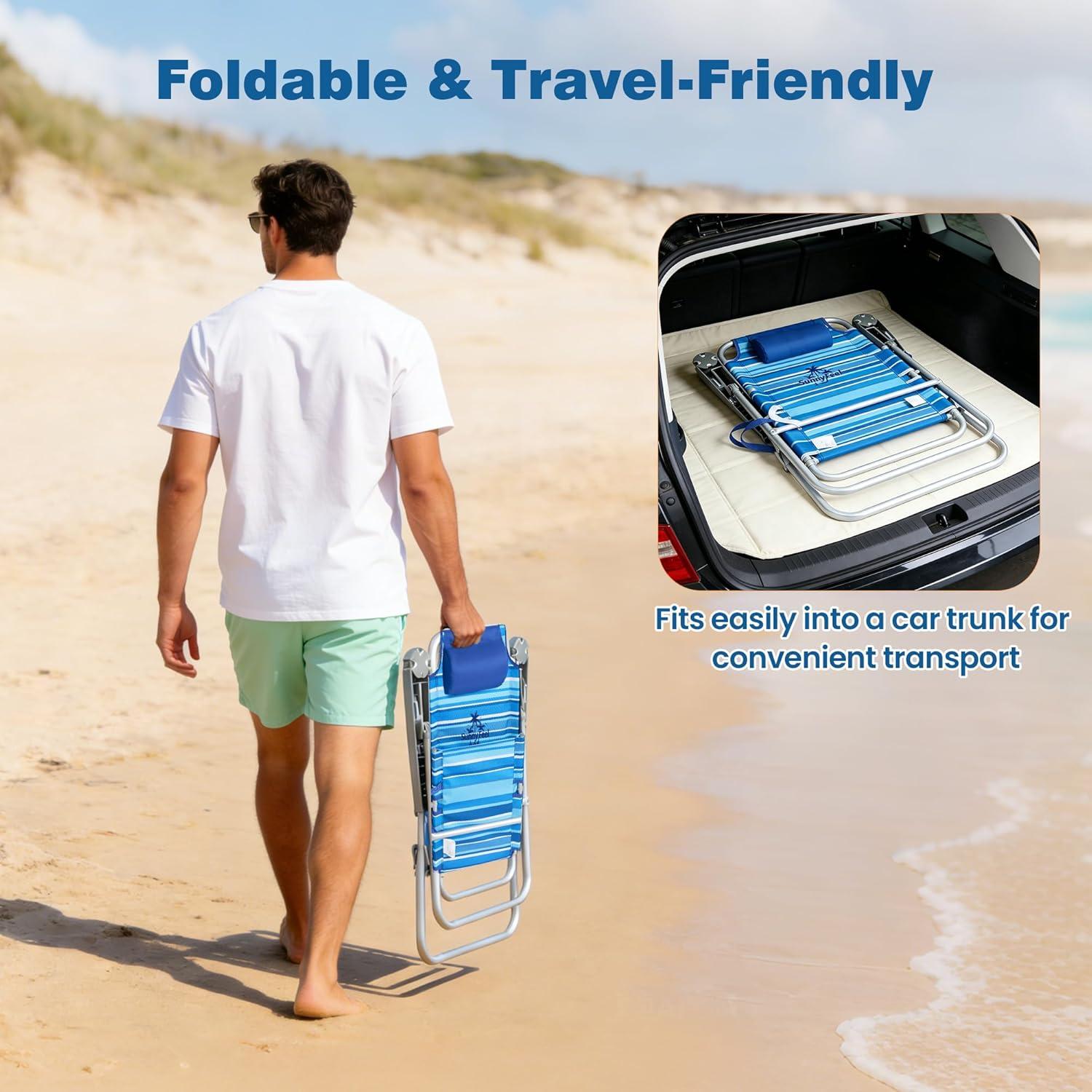 image:imageSUNNYFEEL Oversized Tall Folding Beach Chair Lightweight 17 Portable Sand Chair for Adults Heavy Duty 500 LBS with Cup Holders Foldable High Camping Lawn Chairs for CampOutdoorPicnicSportsLightblue Stripe