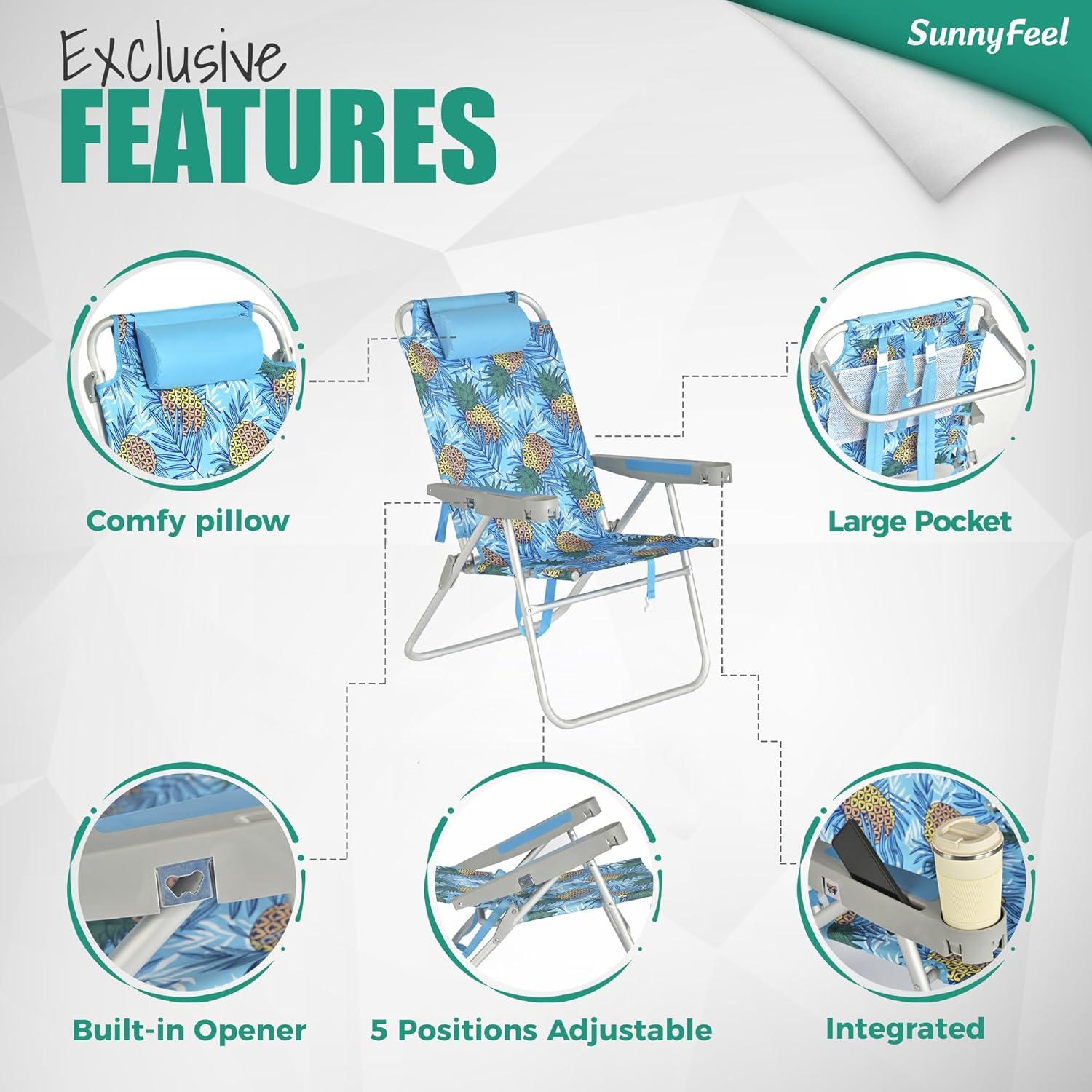 image:imageSUNNYFEEL Oversized Tall Folding Beach Chair Lightweight 17 Portable Sand Chair for Adults Heavy Duty 500 LBS with Cup Holders Foldable High Camping Lawn Chairs for CampOutdoorPicnicSportsBlue Pineapple2pack