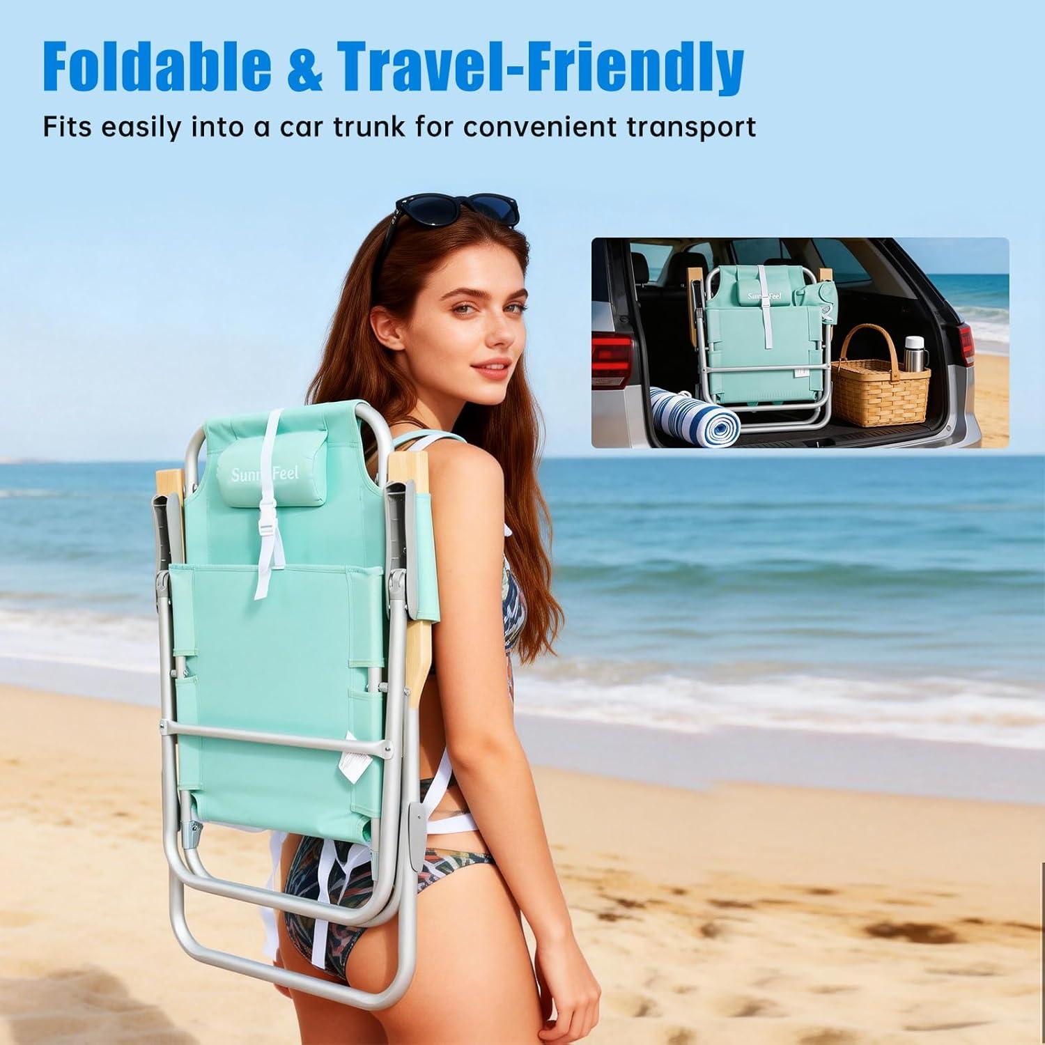 image:imageSUNNYFEEL Oversized Tall Folding Beach Chair Lightweight 17 Portable Sand Chair for Adults Heavy Duty 500 LBS with Cup Holders Foldable High Camping Lawn Chairs for CampOutdoorPicnicSportsGreen
