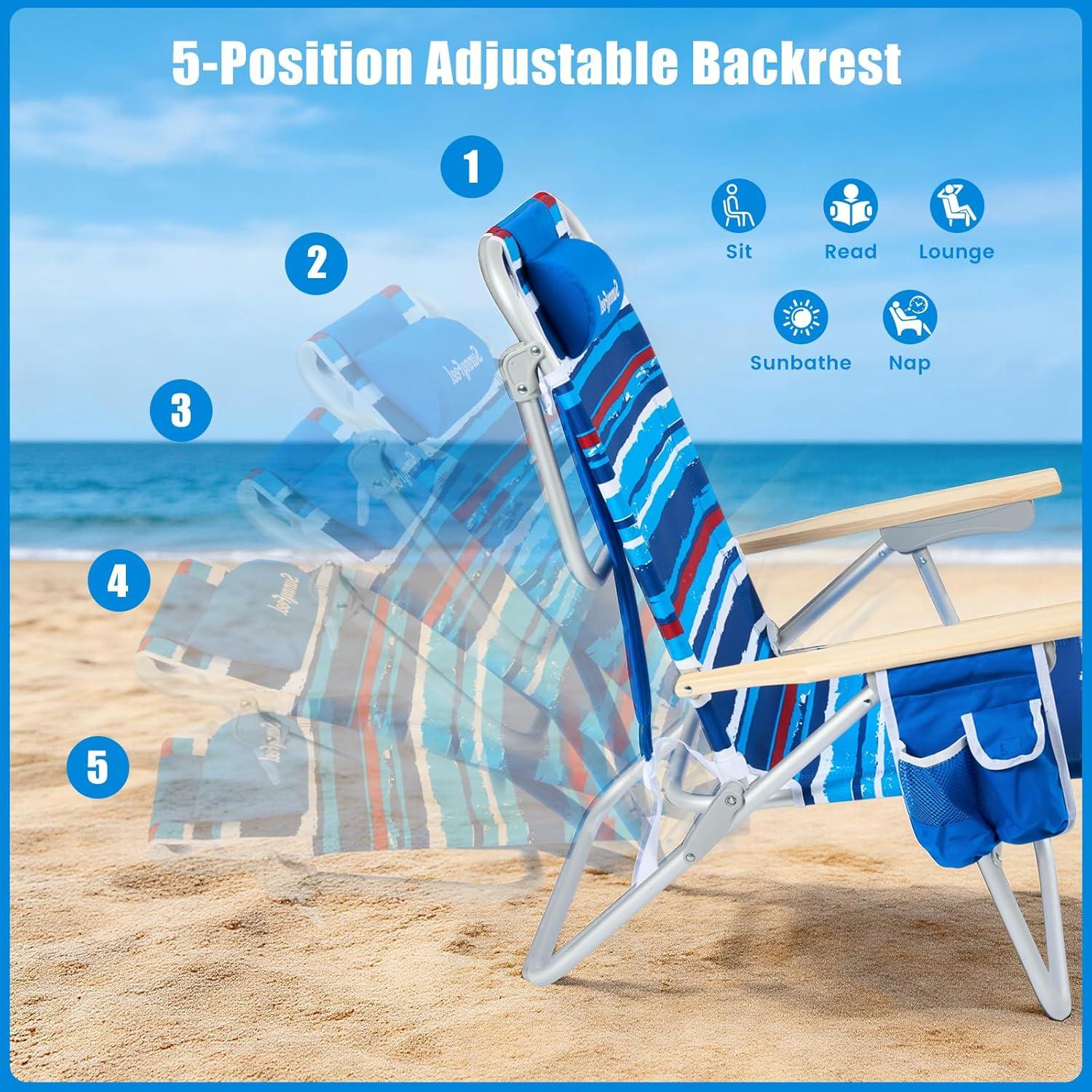 image:imageSUNNYFEEL Oversized Tall Folding Beach Chair Lightweight 17 Portable Sand Chair for Adults Heavy Duty 500 LBS with Cup Holders Foldable High Camping Lawn Chairs for CampOutdoorPicnicSportsStripe