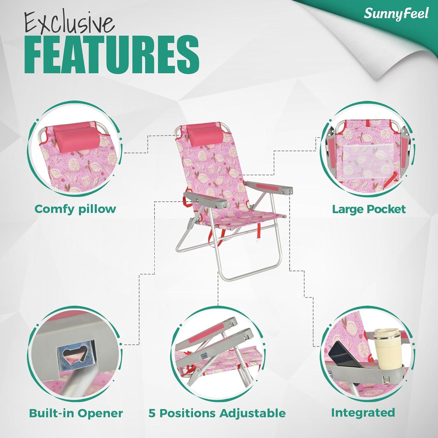 image:imageSUNNYFEEL Oversized Tall Folding Beach Chair Lightweight 17 Portable Sand Chair for Adults Heavy Duty 500 LBS with Cup Holders Foldable High Camping Lawn Chairs for CampOutdoorPicnicSportsPink Lemon