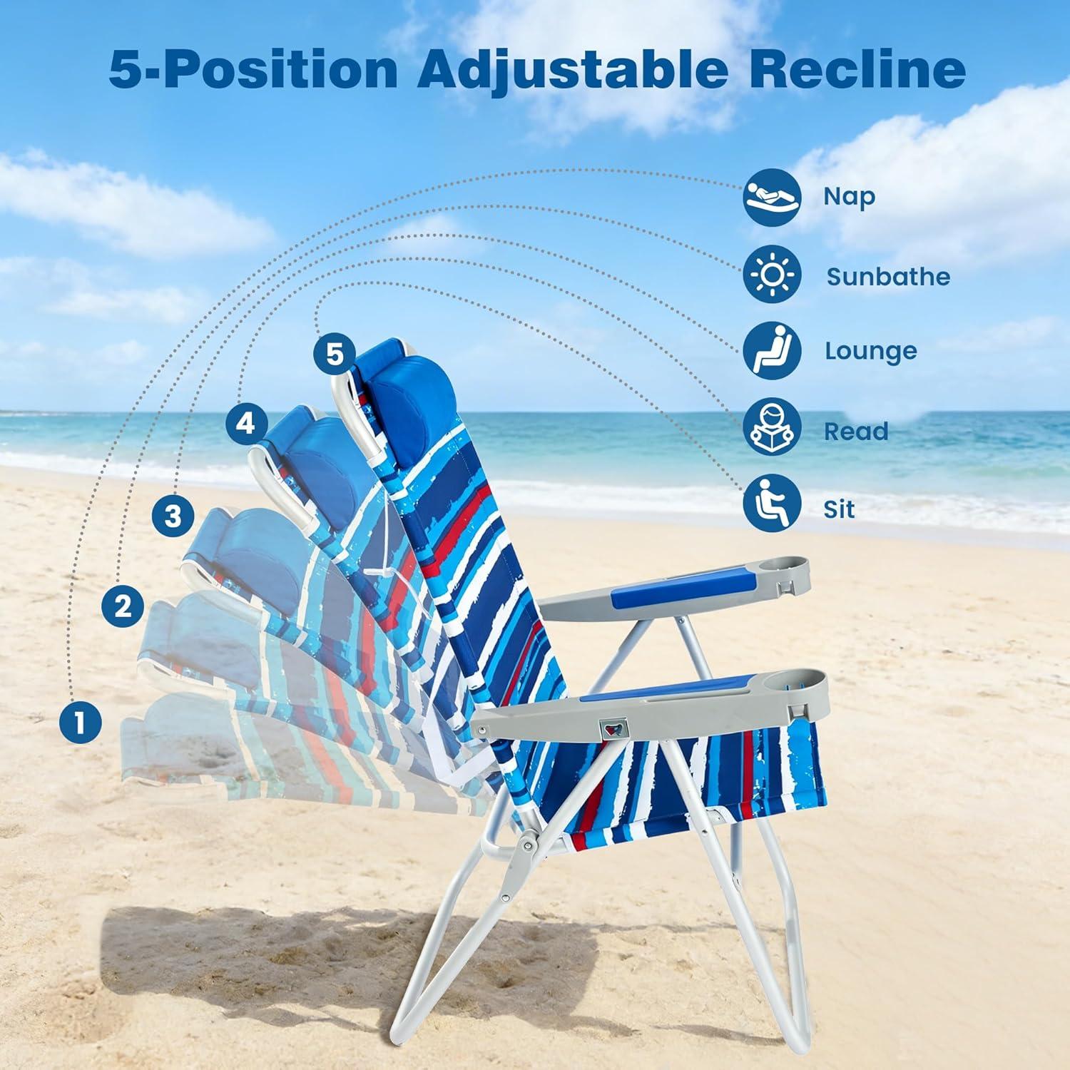 image:imageSUNNYFEEL Oversized Tall Folding Beach Chair Lightweight 17 Portable Sand Chair for Adults Heavy Duty 500 LBS with Cup Holders Foldable High Camping Lawn Chairs for CampOutdoorPicnicSportsDarkblue Stripe2pack