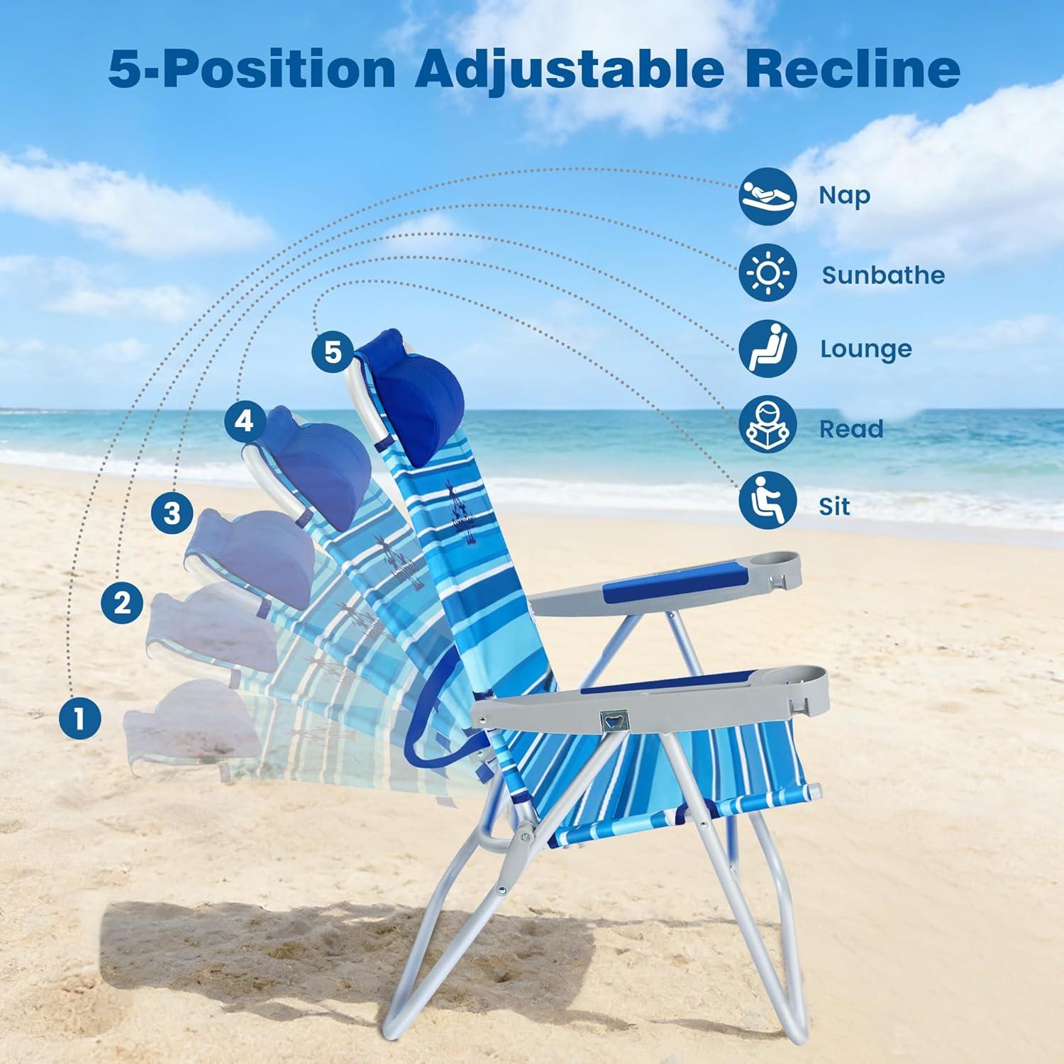 image:imageSUNNYFEEL Oversized Tall Folding Beach Chair Lightweight 17 Portable Sand Chair for Adults Heavy Duty 500 LBS with Cup Holders Foldable High Camping Lawn Chairs for CampOutdoorPicnicSportsLightblue Stripe2pack