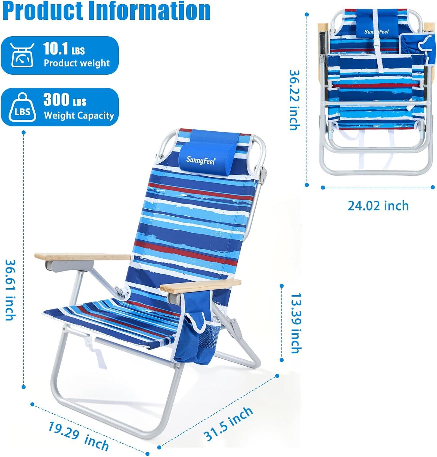 image:imageSUNNYFEEL Oversized Tall Folding Beach Chair Lightweight 17 Portable Sand Chair for Adults Heavy Duty 500 LBS with Cup Holders Foldable High Camping Lawn Chairs for CampOutdoorPicnicSportsStripe