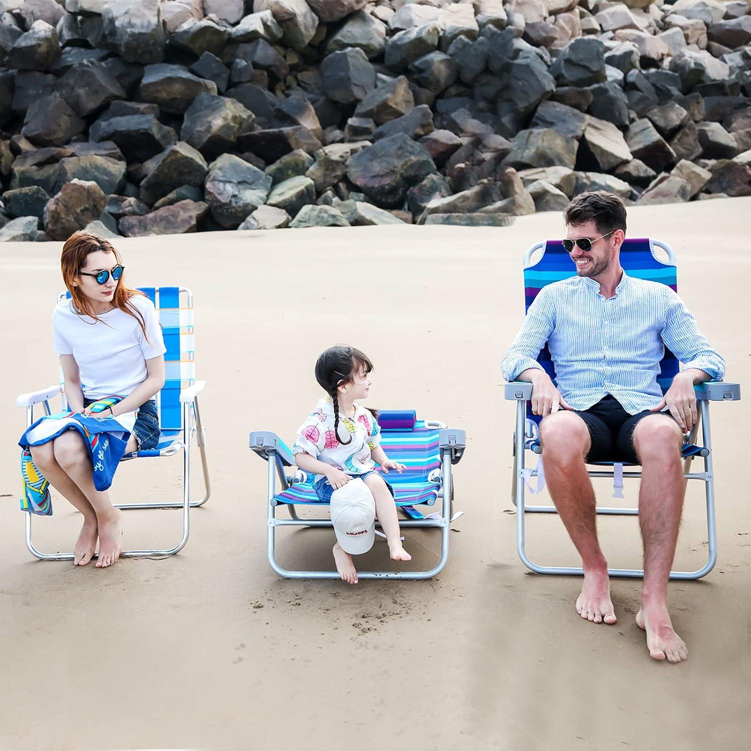 image:imageSUNNYFEEL Oversized Tall Folding Beach Chair Lightweight 17 Portable Sand Chair for Adults Heavy Duty 500 LBS with Cup Holders Foldable High Camping Lawn Chairs for CampOutdoorPicnicSportsBlue Wave