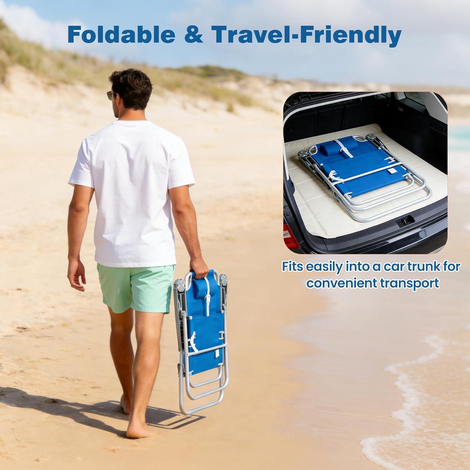 image:imageSUNNYFEEL Oversized Tall Folding Beach Chair Lightweight 17 Portable Sand Chair for Adults Heavy Duty 500 LBS with Cup Holders Foldable High Camping Lawn Chairs for CampOutdoorPicnicSportsNavy Blue