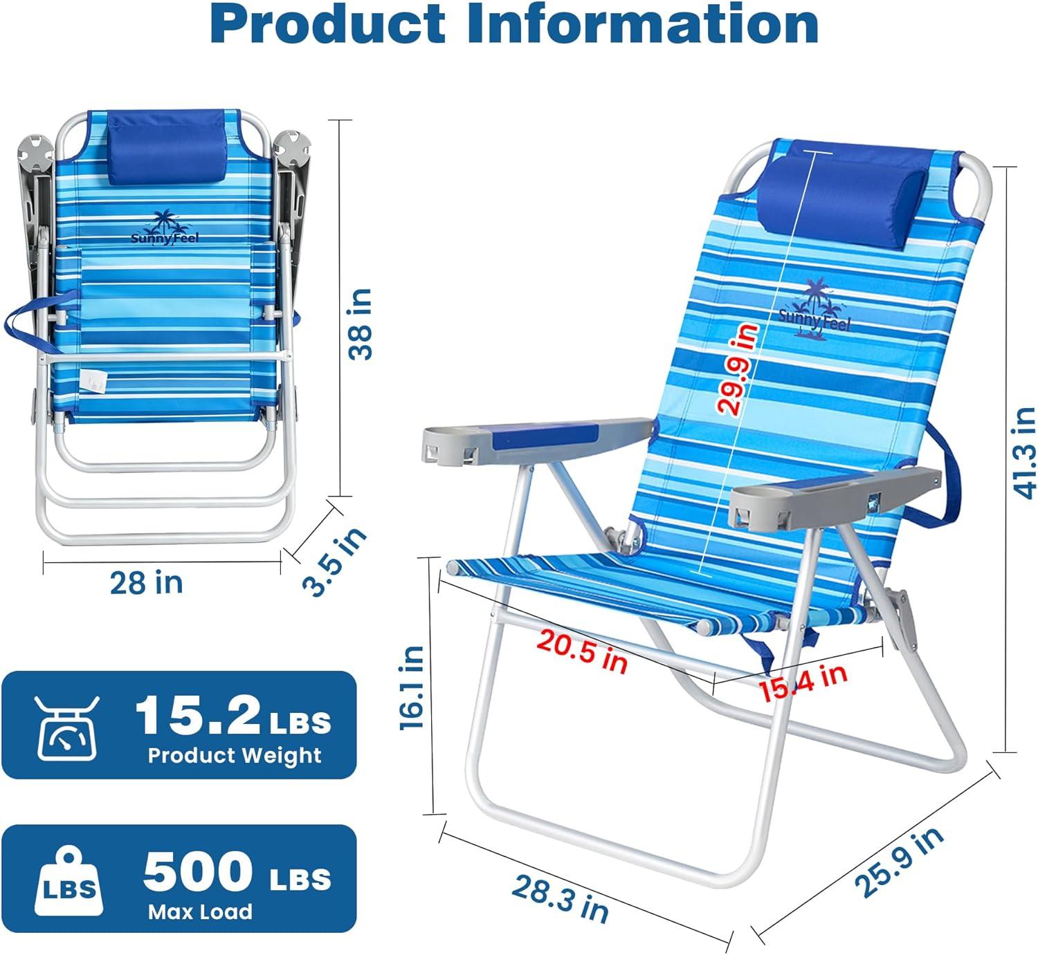 image:imageSUNNYFEEL Oversized Tall Folding Beach Chair Lightweight 17 Portable Sand Chair for Adults Heavy Duty 500 LBS with Cup Holders Foldable High Camping Lawn Chairs for CampOutdoorPicnicSportsLightblue Stripe