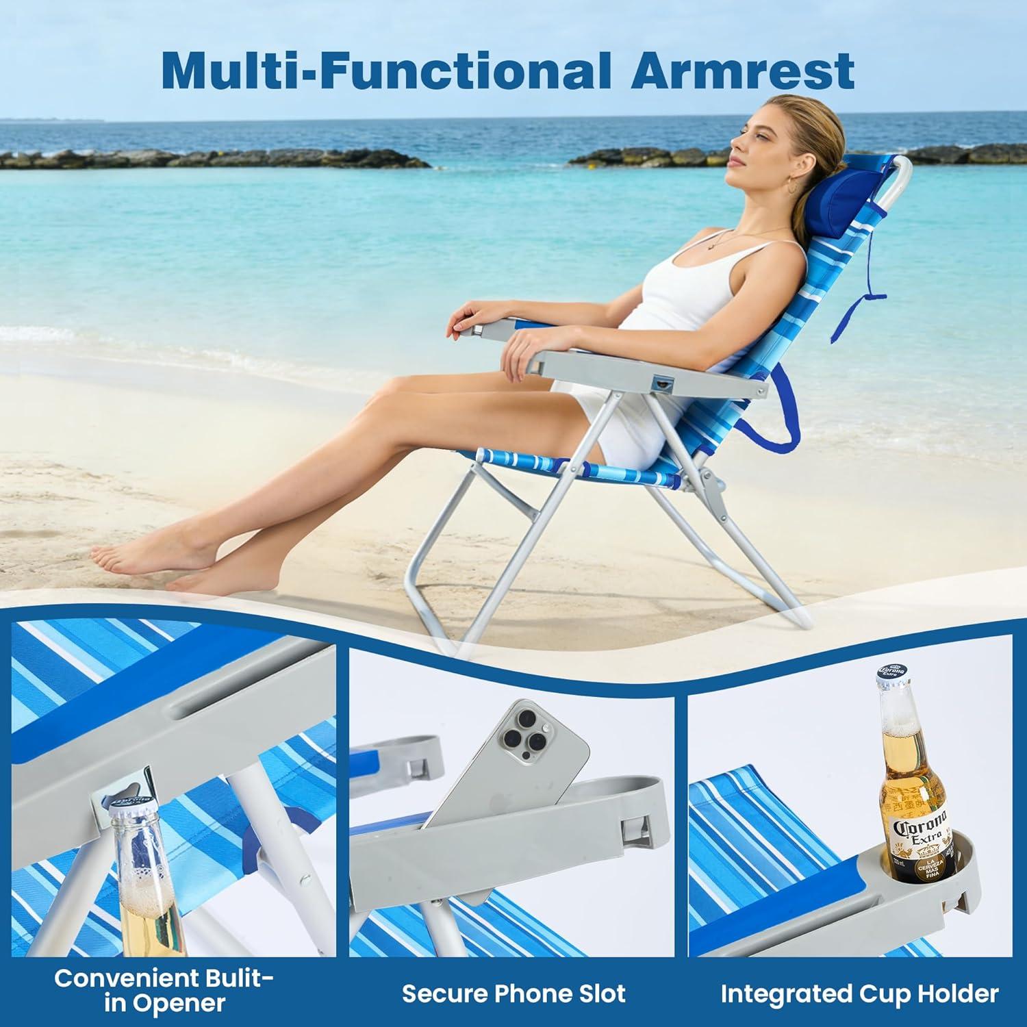 image:imageSUNNYFEEL Oversized Tall Folding Beach Chair Lightweight 17 Portable Sand Chair for Adults Heavy Duty 500 LBS with Cup Holders Foldable High Camping Lawn Chairs for CampOutdoorPicnicSportsLightblue Stripe