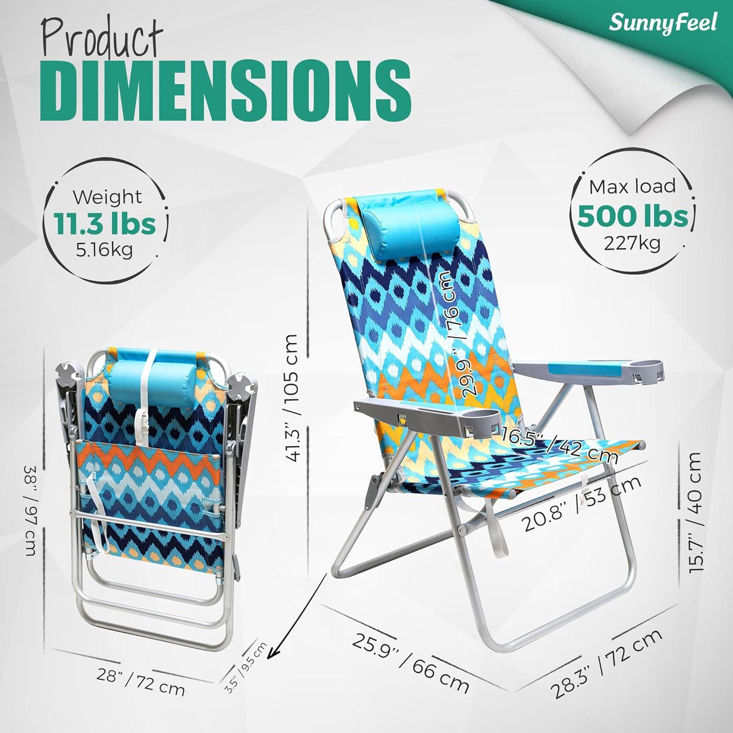 image:imageSUNNYFEEL Oversized Tall Folding Beach Chair Lightweight 17 Portable Sand Chair for Adults Heavy Duty 500 LBS with Cup Holders Foldable High Camping Lawn Chairs for CampOutdoorPicnicSportsBlue Wave2pack