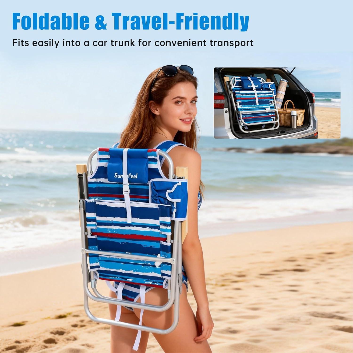 image:imageSUNNYFEEL Oversized Tall Folding Beach Chair Lightweight 17 Portable Sand Chair for Adults Heavy Duty 500 LBS with Cup Holders Foldable High Camping Lawn Chairs for CampOutdoorPicnicSportsStripe