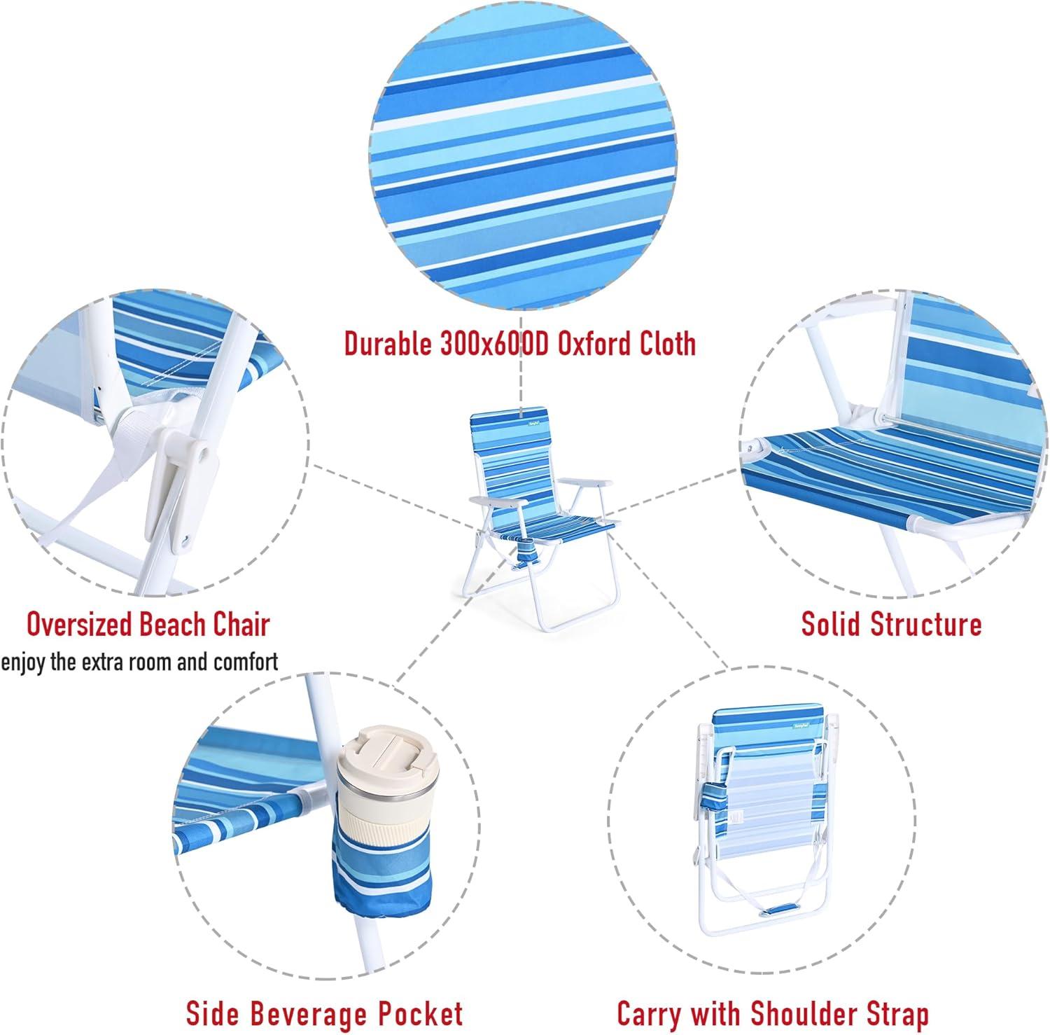 image:imageSunnyFeel 15 Tall Folding Beach Chair Oversized Portable High Seat Sand Chair for Adults Heavy Duty 300 LBS Foldable Camping Lawn Chairs for CampOutdoorTravelPicnicConcertSportsLight Blue Stripe2pack