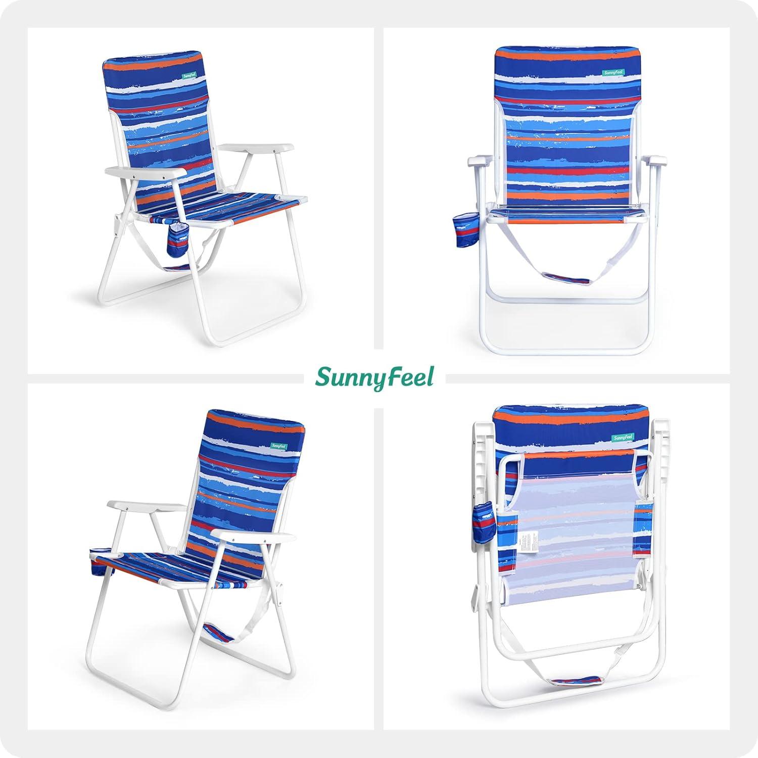 image:imageSunnyFeel 15 Tall Folding Beach Chair Oversized Portable High Seat Sand Chair for Adults Heavy Duty 300 LBS Foldable Camping Lawn Chairs for CampOutdoorTravelPicnicConcertSportsBlue Stripe