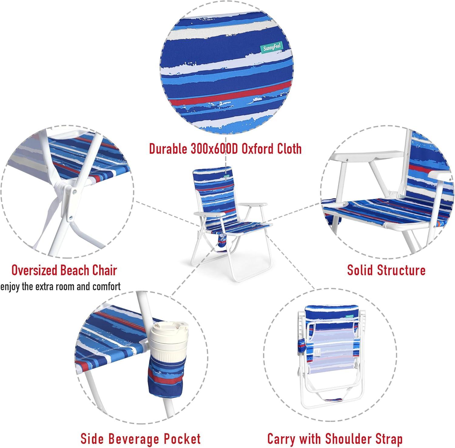 image:imageSunnyFeel 15 Tall Folding Beach Chair Oversized Portable High Seat Sand Chair for Adults Heavy Duty 300 LBS Foldable Camping Lawn Chairs for CampOutdoorTravelPicnicConcertSportsBlue Stripe2pack