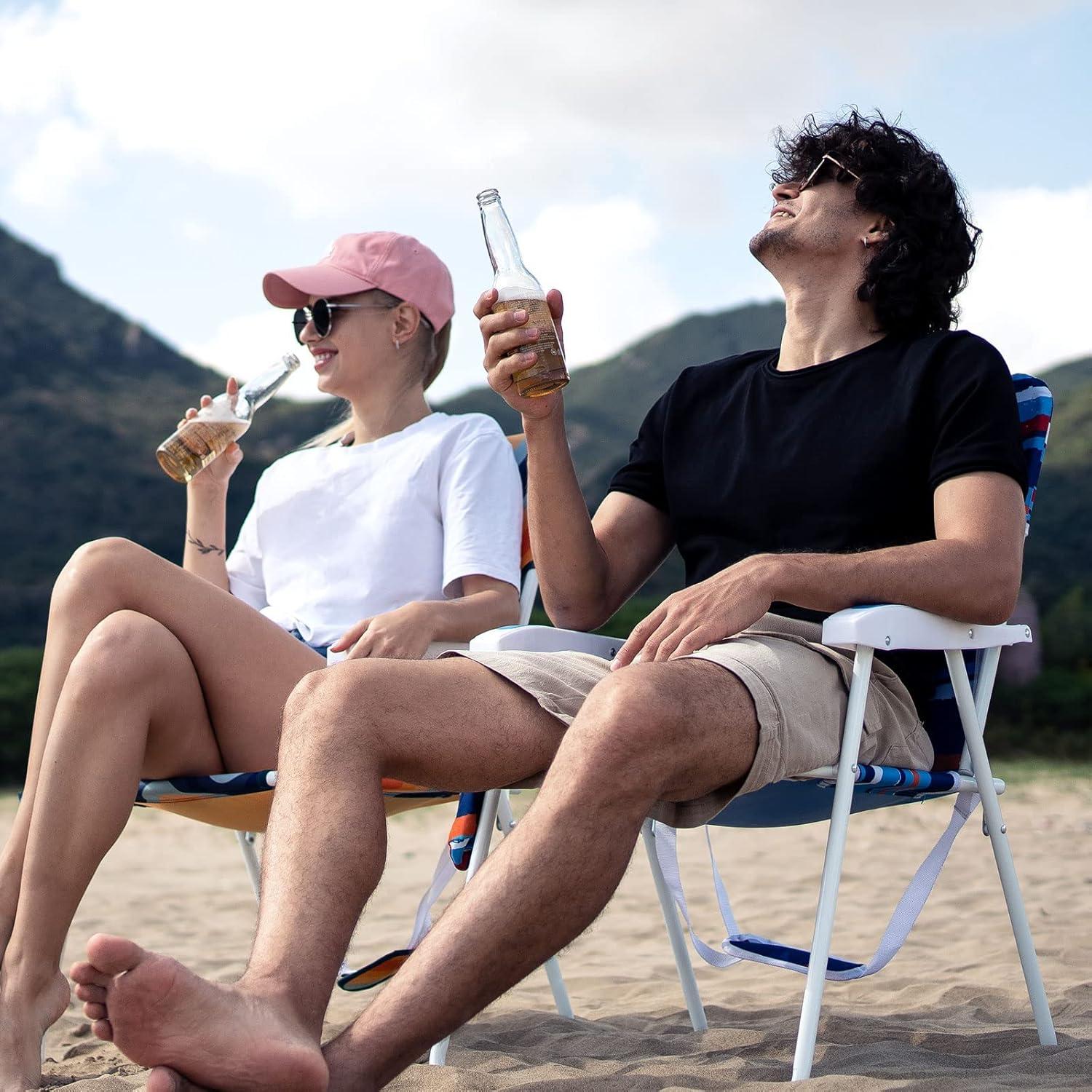 image:imageSunnyFeel 15 Tall Folding Beach Chair Oversized Portable High Seat Sand Chair for Adults Heavy Duty 300 LBS Foldable Camping Lawn Chairs for CampOutdoorTravelPicnicConcertSportsBlue Stripe2pack