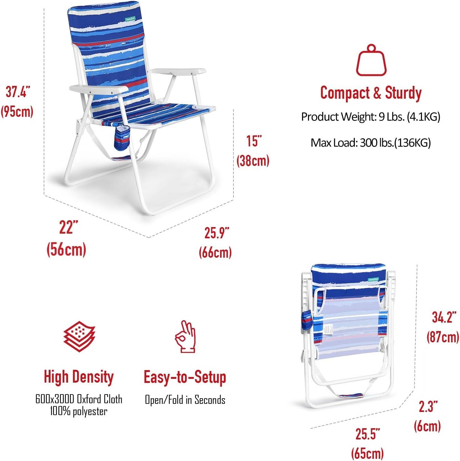 image:imageSunnyFeel 15 Tall Folding Beach Chair Oversized Portable High Seat Sand Chair for Adults Heavy Duty 300 LBS Foldable Camping Lawn Chairs for CampOutdoorTravelPicnicConcertSportsBlue Stripe2pack