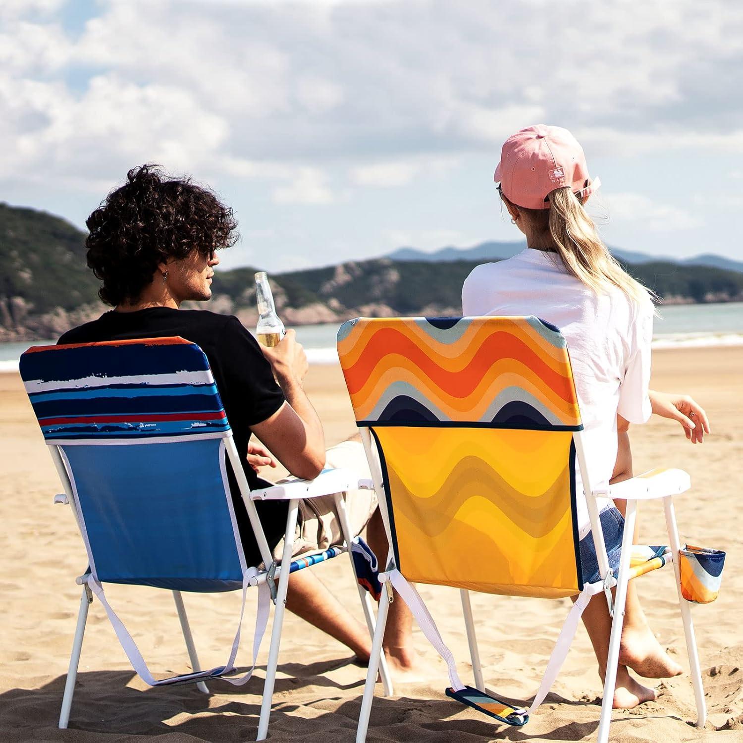 image:imageSunnyFeel 15 Tall Folding Beach Chair Oversized Portable High Seat Sand Chair for Adults Heavy Duty 300 LBS Foldable Camping Lawn Chairs for CampOutdoorTravelPicnicConcertSportsLight Blue Stripe