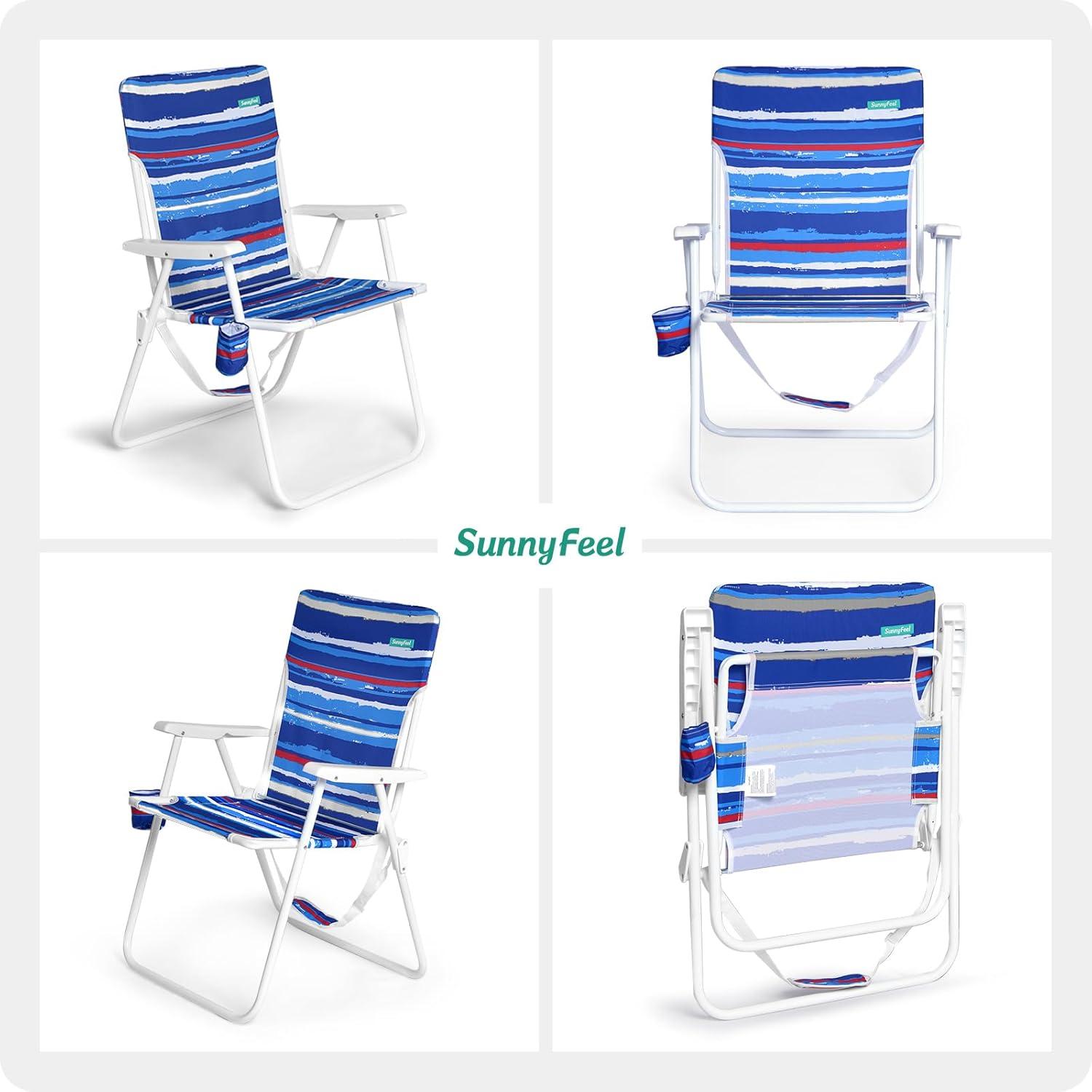 image:imageSunnyFeel 15 Tall Folding Beach Chair Oversized Portable High Seat Sand Chair for Adults Heavy Duty 300 LBS Foldable Camping Lawn Chairs for CampOutdoorTravelPicnicConcertSportsBlue Stripe2pack