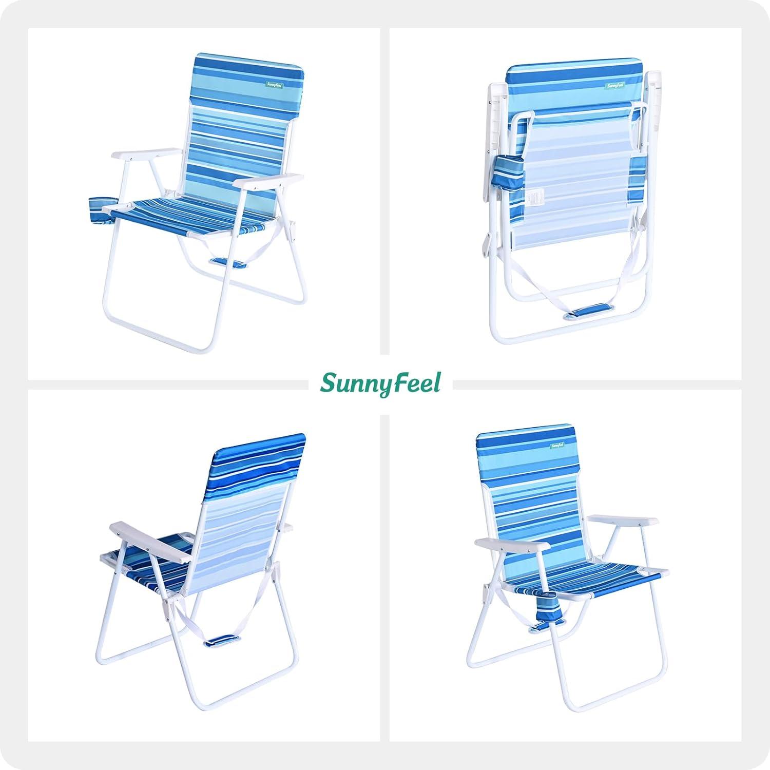image:imageSunnyFeel 15 Tall Folding Beach Chair Oversized Portable High Seat Sand Chair for Adults Heavy Duty 300 LBS Foldable Camping Lawn Chairs for CampOutdoorTravelPicnicConcertSportsLight Blue Stripe2pack