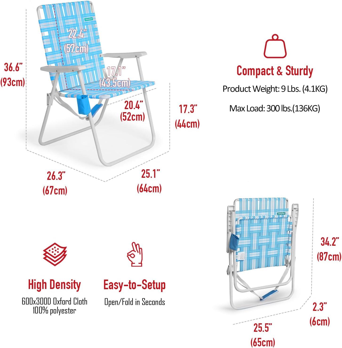 image:imageSunnyFeel 15 Tall Folding Beach Chair Oversized Portable High Seat Sand Chair for Adults Heavy Duty 300 LBS Foldable Camping Lawn Chairs for CampOutdoorTravelPicnicConcertSportsBlue Webbed