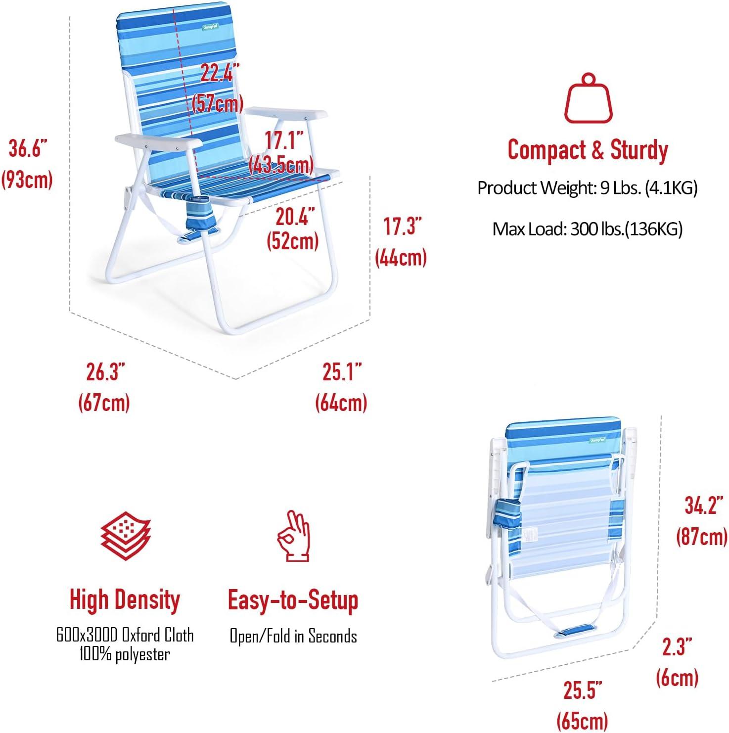 image:imageSunnyFeel 15 Tall Folding Beach Chair Oversized Portable High Seat Sand Chair for Adults Heavy Duty 300 LBS Foldable Camping Lawn Chairs for CampOutdoorTravelPicnicConcertSportsLight Blue Stripe2pack