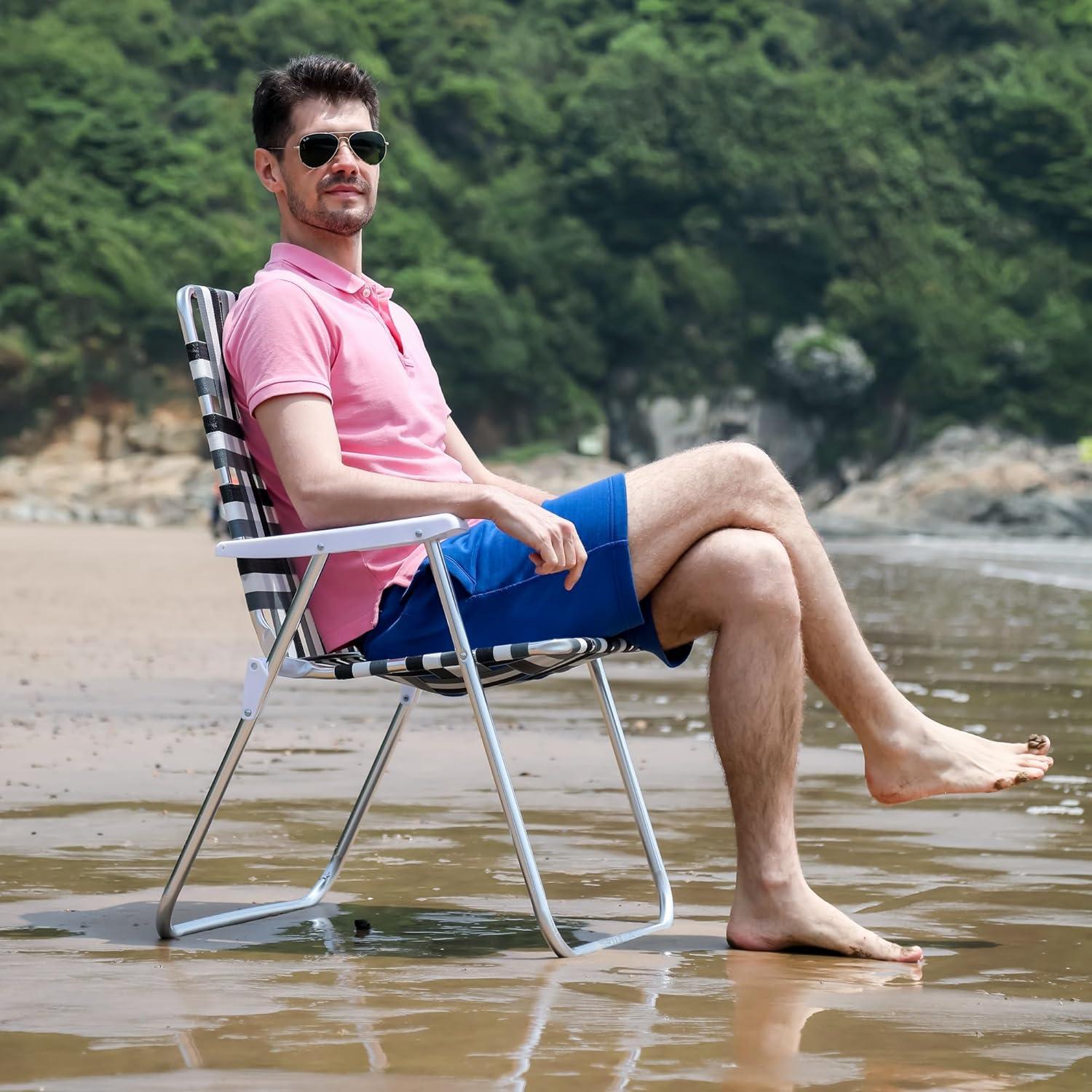 image:imageSunnyFeel 15 Tall Folding Beach Chair Oversized Portable High Seat Sand Chair for Adults Heavy Duty 300 LBS Foldable Camping Lawn Chairs for CampOutdoorTravelPicnicConcertSportsBlue Webbed