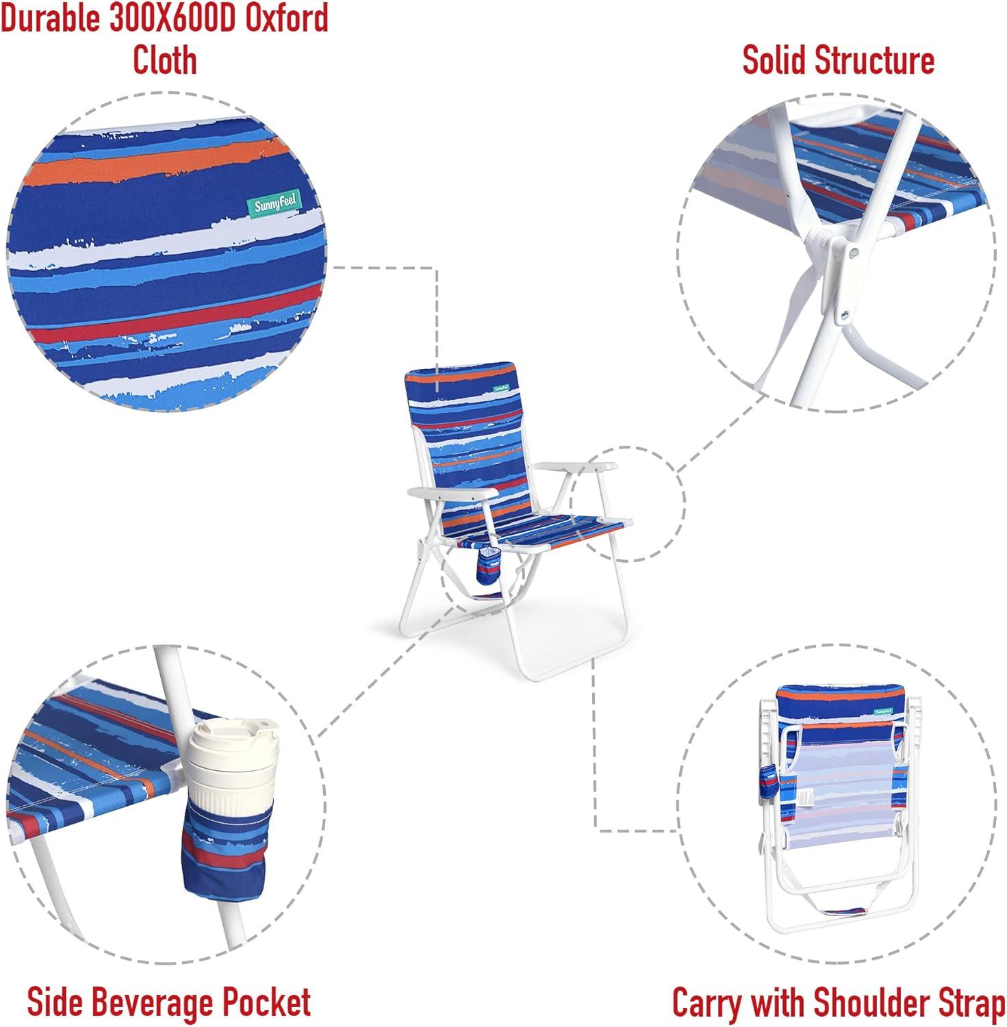 image:imageSunnyFeel 15 Tall Folding Beach Chair Oversized Portable High Seat Sand Chair for Adults Heavy Duty 300 LBS Foldable Camping Lawn Chairs for CampOutdoorTravelPicnicConcertSportsBlue Stripe