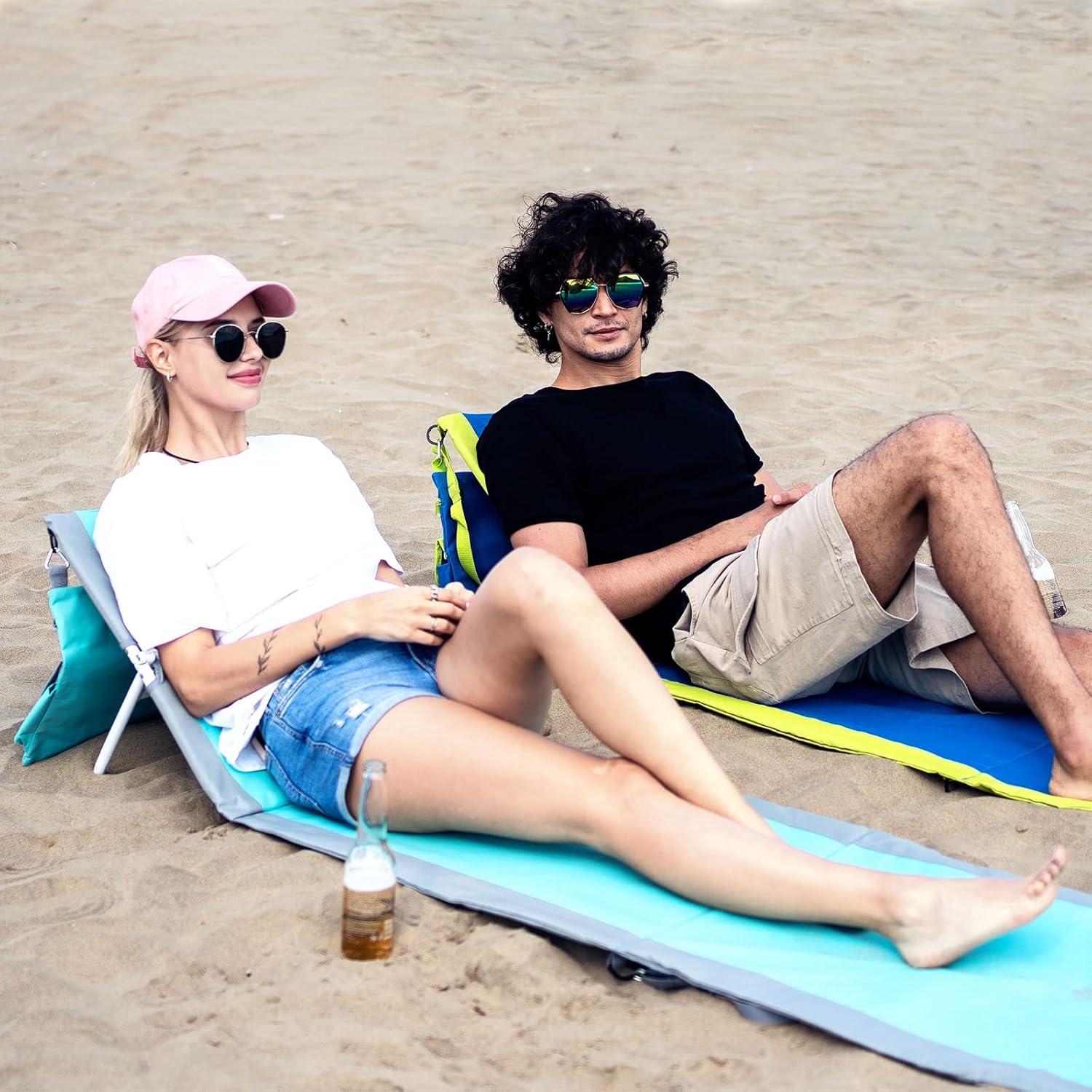 image:imageSunnyFeel Portable Beach Lounge Chair Backpack Reclining Beach Mat Chairs for Adults Lightweight with Storage Pouch for CampLawnOutdoorTravelPicnicBBQ Foldable Camping Sand Chairs