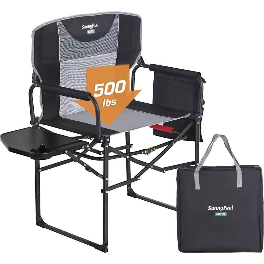 image:imageSUNNYFEEL Camping Directors Chair Heavy DutyOversized Portable Folding Chair with Side Table Pocket for Beach FishingTripPicnicLawnConcert Outdoor Foldable Camp ChairsXL Black