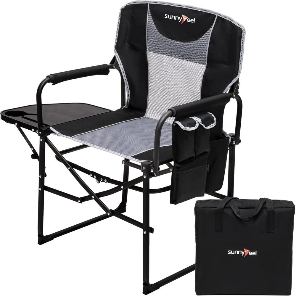 image:imageSUNNYFEEL Camping Directors Chair Heavy DutyOversized Portable Folding Chair with Side Table Pocket for Beach FishingTripPicnicLawnConcert Outdoor Foldable Camp ChairsBlack Grey
