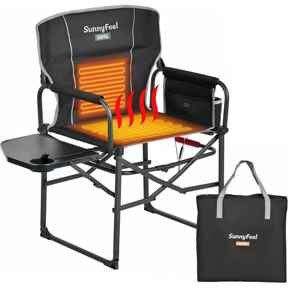 image:imageSUNNYFEEL Camping Directors Chair Heavy DutyOversized Portable Folding Chair with Side Table Pocket for Beach FishingTripPicnicLawnConcert Outdoor Foldable Camp ChairsHeated Black