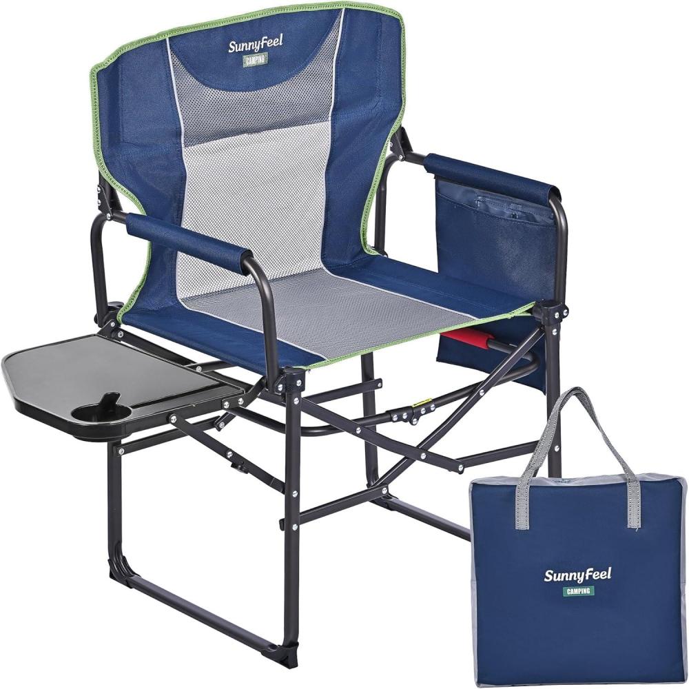 image:imageSUNNYFEEL Camping Directors Chair Heavy DutyOversized Portable Folding Chair with Side Table Pocket for Beach FishingTripPicnicLawnConcert Outdoor Foldable Camp ChairsNavy Blue