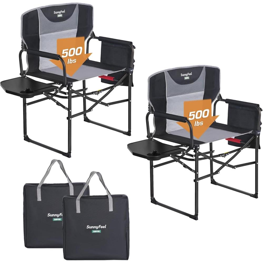 image:imageSUNNYFEEL Camping Directors Chair Heavy DutyOversized Portable Folding Chair with Side Table Pocket for Beach FishingTripPicnicLawnConcert Outdoor Foldable Camp ChairsXL Black2set