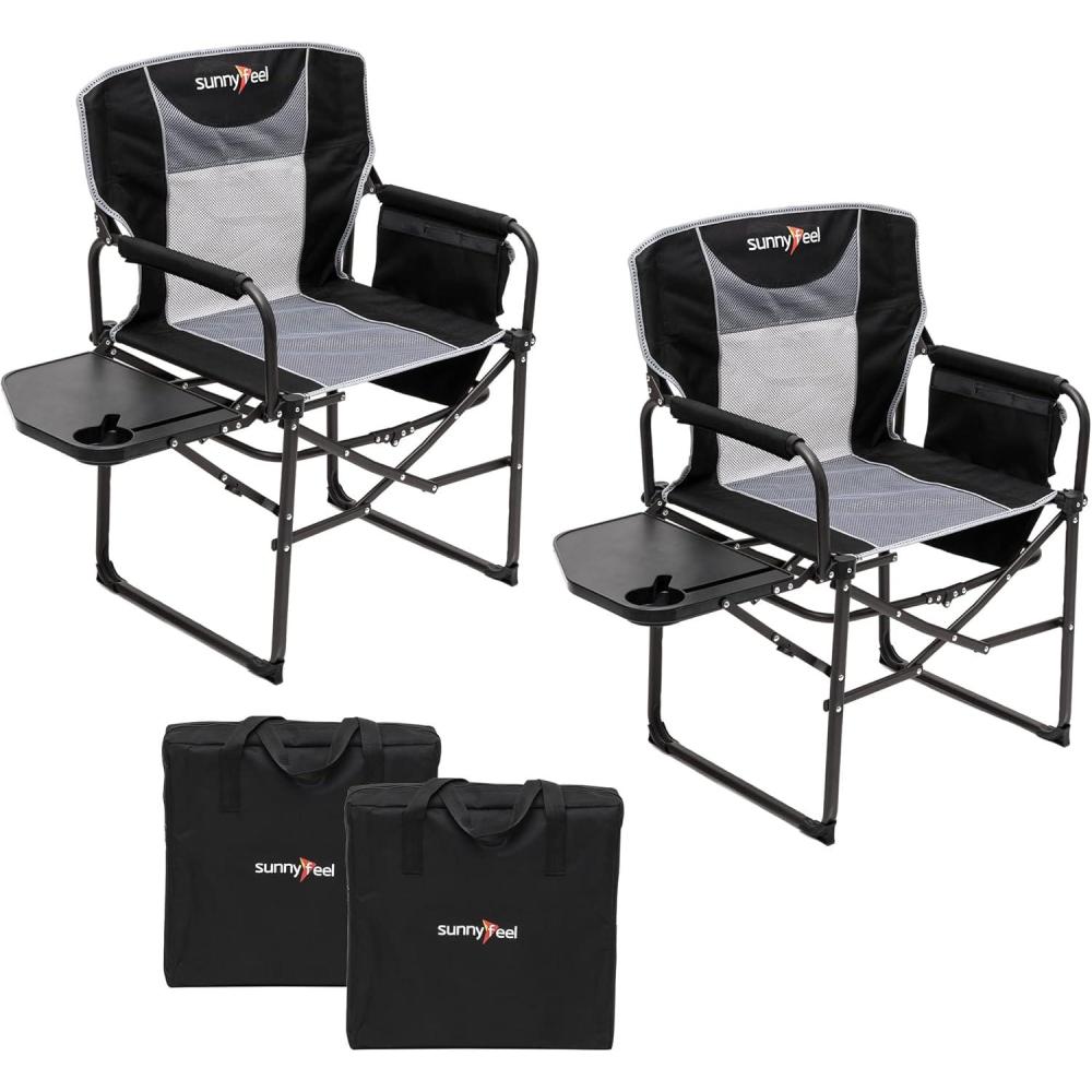 image:imageSUNNYFEEL Camping Directors Chair Heavy DutyOversized Portable Folding Chair with Side Table Pocket for Beach FishingTripPicnicLawnConcert Outdoor Foldable Camp ChairsBlack Grey2set