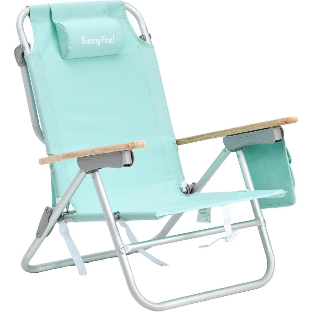 image:imageSUNNYFEEL Extra Wide 28 Low Beach Chair 5 Position Lay Flat XL Oversized Portable Folding Camping Chairs with Cup Holder for OutdoorTrip Lightweight Foldable Backpack Beach Chair for AdultsGreen