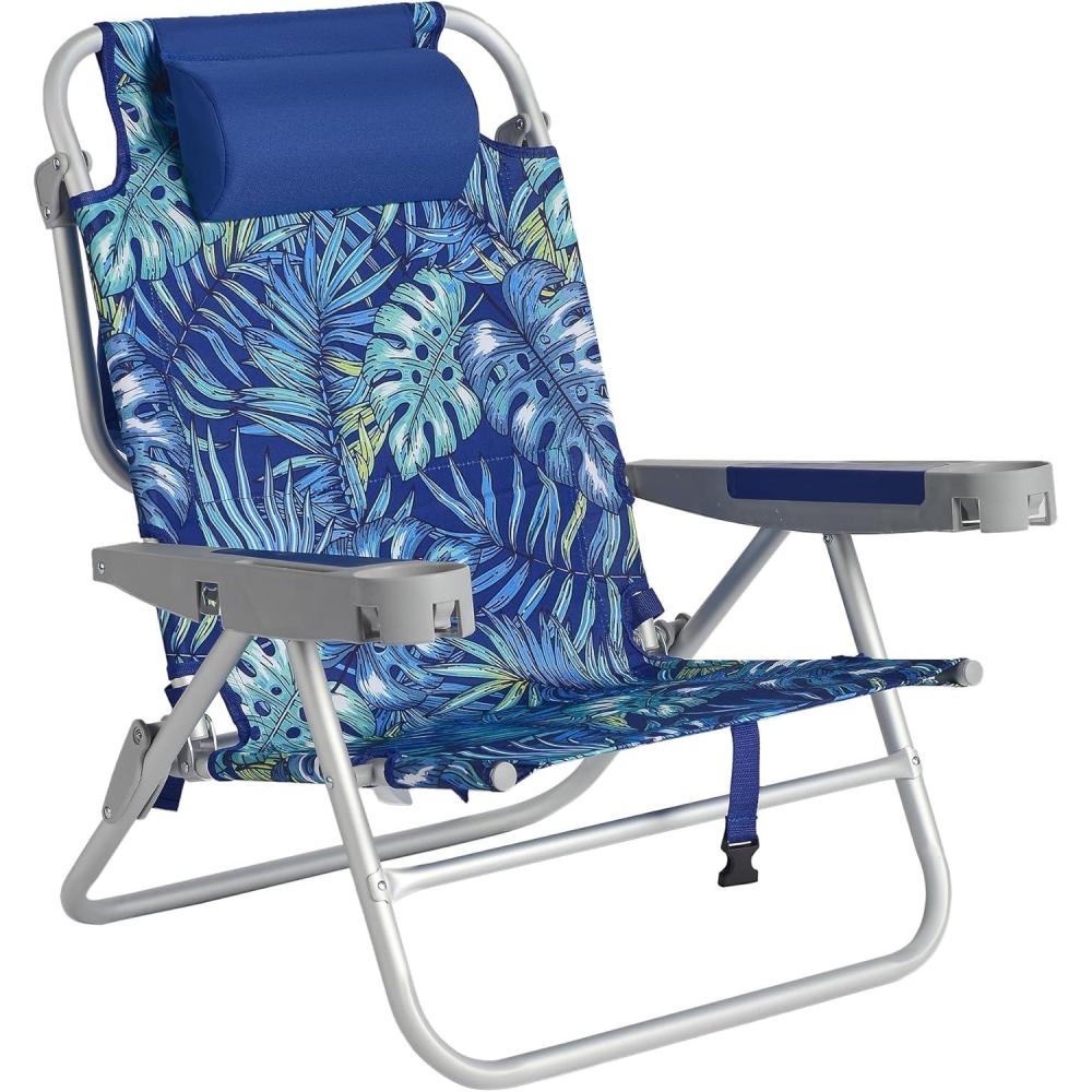 image:imageSUNNYFEEL Extra Wide 28 Low Beach Chair 5 Position Lay Flat XL Oversized Portable Folding Camping Chairs with Cup Holder for OutdoorTrip Lightweight Foldable Backpack Beach Chair for AdultsRainforest