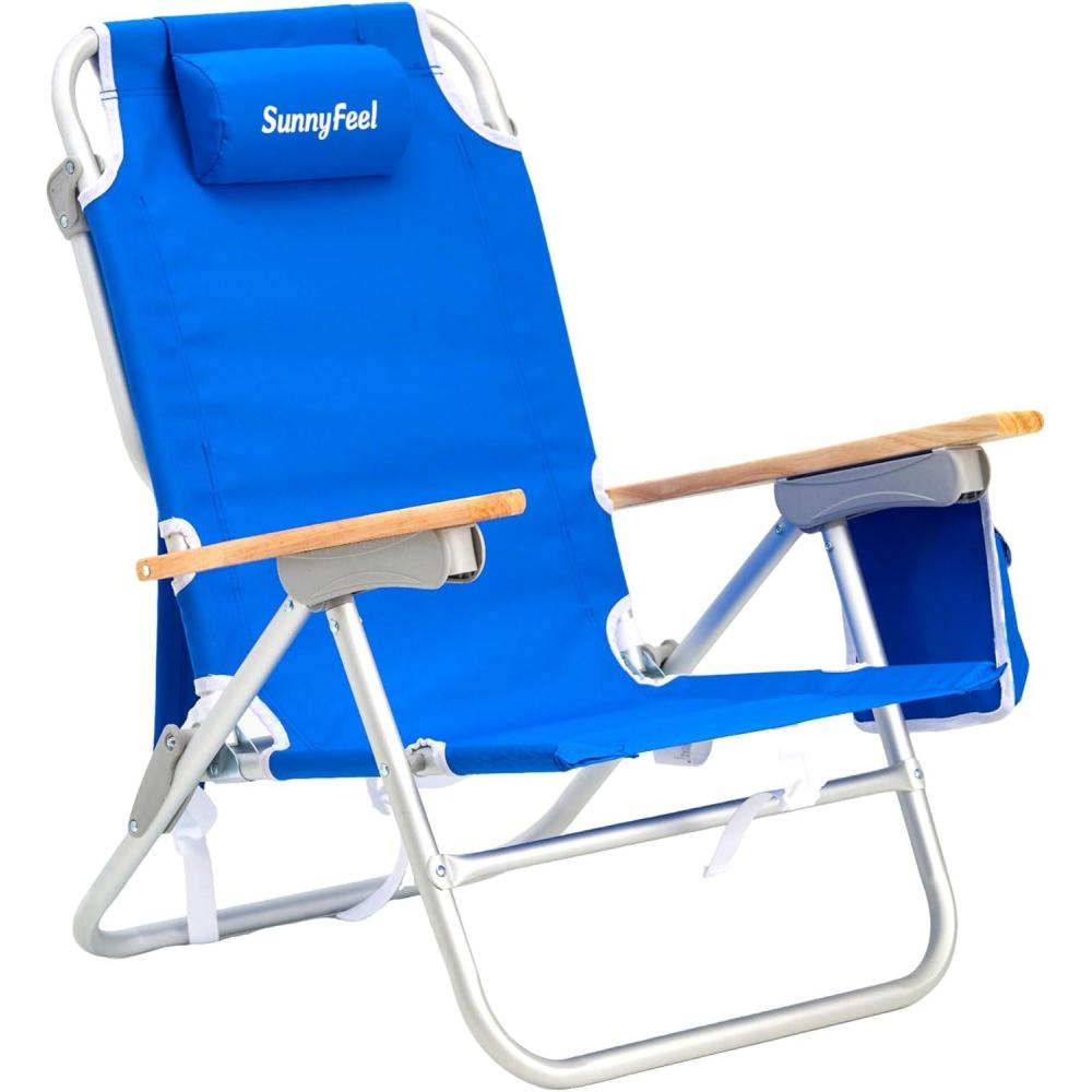 image:imageSUNNYFEEL Extra Wide 28 Low Beach Chair 5 Position Lay Flat XL Oversized Portable Folding Camping Chairs with Cup Holder for OutdoorTrip Lightweight Foldable Backpack Beach Chair for AdultsBlue