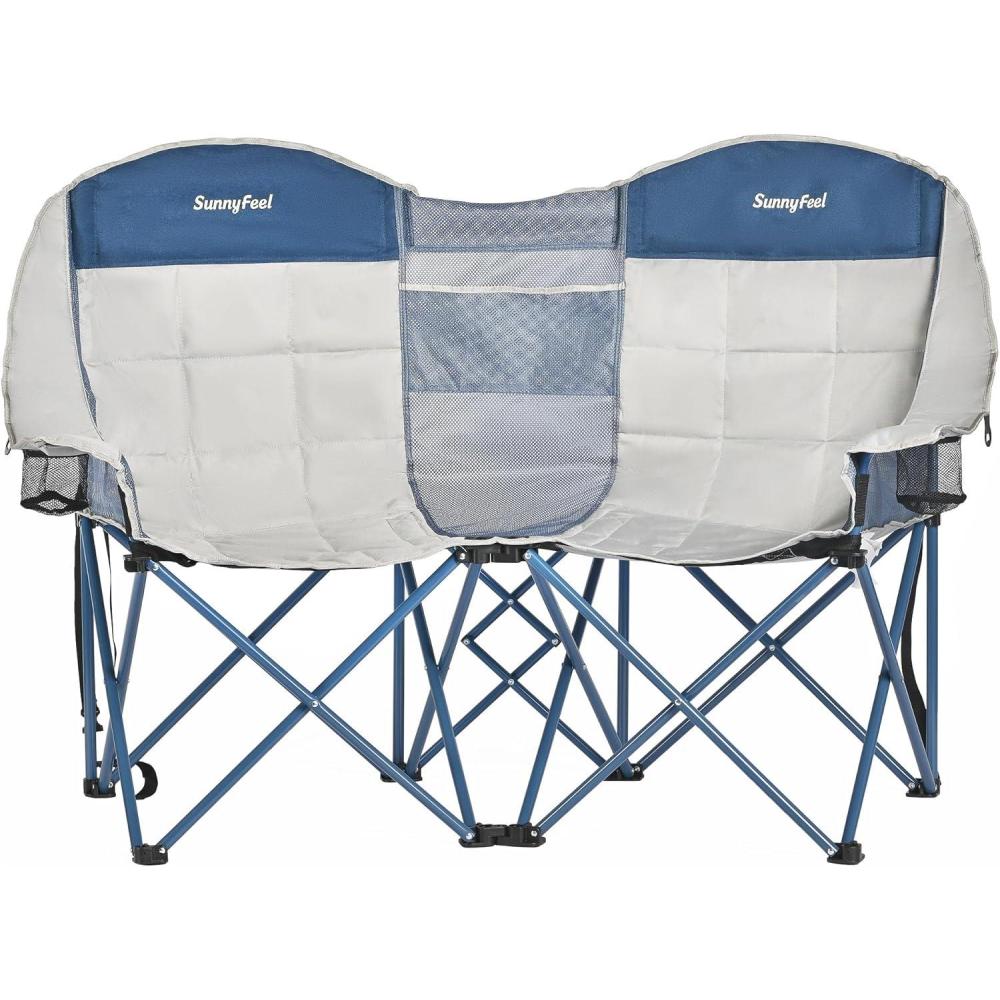 image:imageSUNNYFEEL Folding Double Camping Chair Oversized Loveseat Chair Heavy Duty PortableFoldable Lawn Chair with Storage for OutsideOutdoorTravelPicnic Fold Up Camp Chairs for Adults 2 PeopleGreyblue