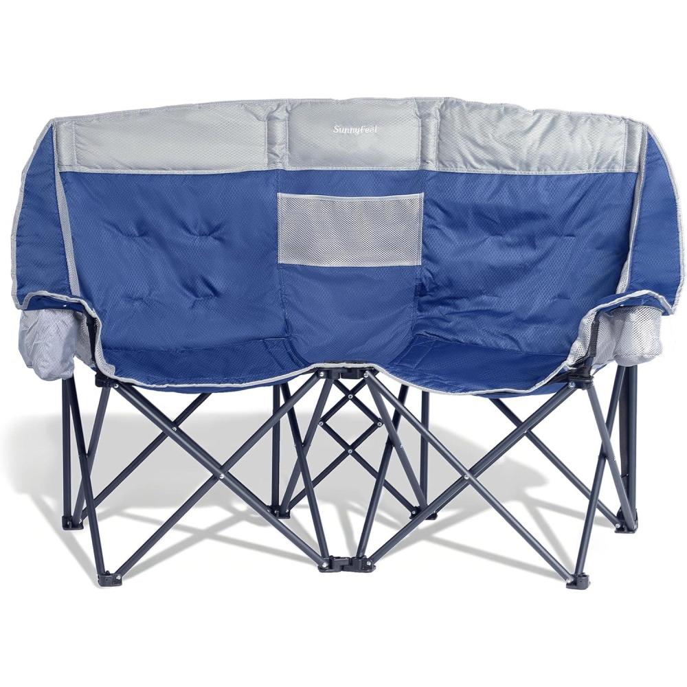 image:imageSUNNYFEEL Folding Double Camping Chair Oversized Loveseat Chair Heavy Duty PortableFoldable Lawn Chair with Storage for OutsideOutdoorTravelPicnic Fold Up Camp Chairs for Adults 2 PeopleDark Bluecooler