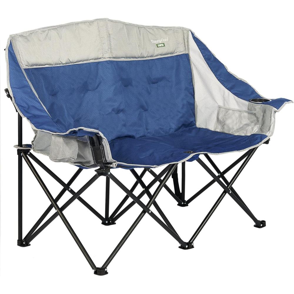 image:imageSUNNYFEEL Heated Double Camping Chair Oversized Folding Loveseat Chair Heavy Duty PortableFoldable Lawn Chair for BeachOutdoorTravelPicnic Fold Up Camp Chairs for Adults 2 PeopleBlue2