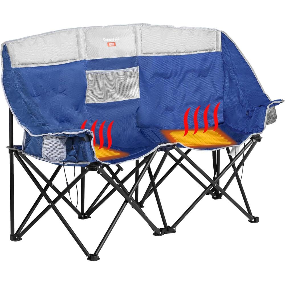 image:imageSUNNYFEEL Heated Double Camping Chair Oversized Folding Loveseat Chair Heavy Duty PortableFoldable Lawn Chair for BeachOutdoorTravelPicnic Fold Up Camp Chairs for Adults 2 PeopleBlue