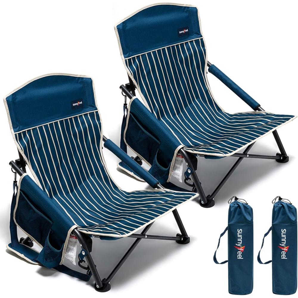 image:imageSUNNYFEEL Low Folding Beach Chair for Adults Portable Lightweight Sling Beach Camping Chairs with Cup Holder ArmrestFoldable Camp Lawn Chair for Outdoor Sand Concert Travel Sport Events300LBSNavy Blue2set