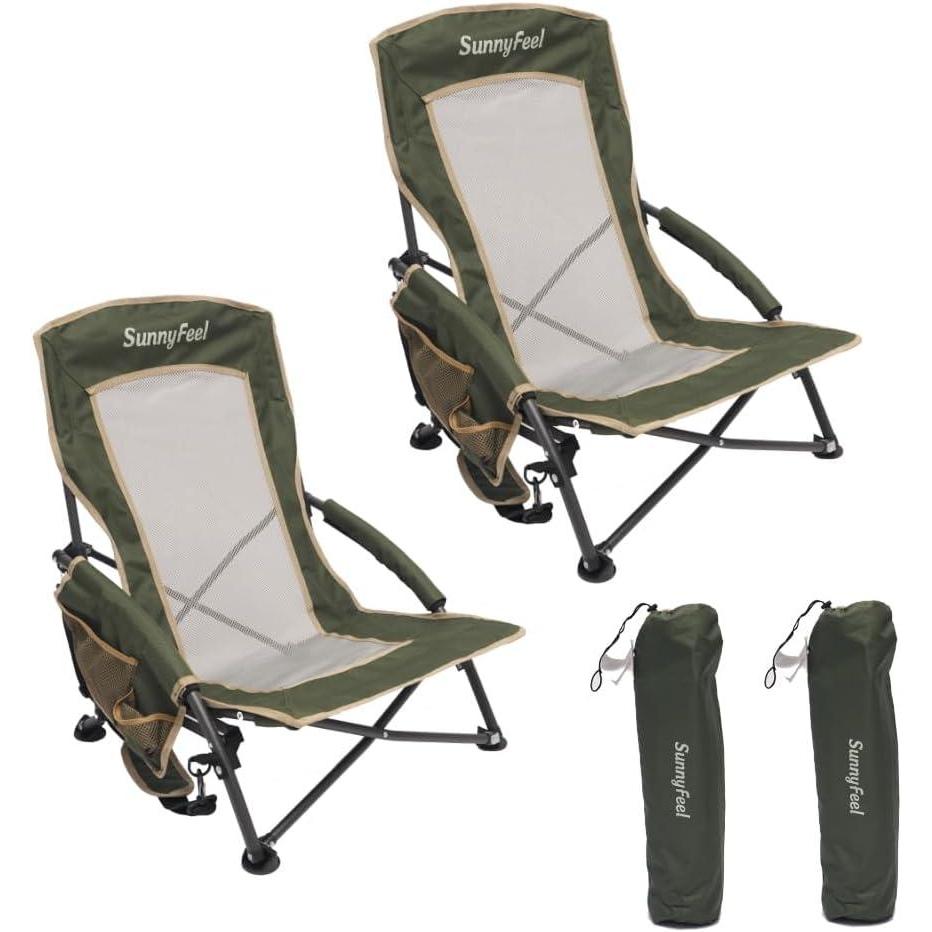 image:imageSUNNYFEEL Low Folding Beach Chair for Adults Portable Lightweight Sling Beach Camping Chairs with Cup Holder ArmrestFoldable Camp Lawn Chair for Outdoor Sand Concert Travel Sport Events300LBSGreen2set