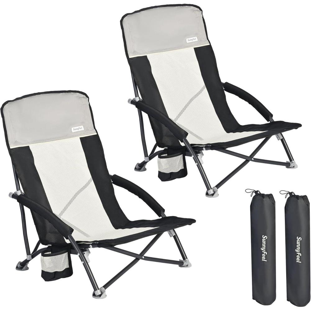 image:imageSUNNYFEEL Low Folding Beach Chair for Adults Portable Lightweight Sling Beach Camping Chairs with Cup Holder ArmrestFoldable Camp Lawn Chair for Outdoor Sand Concert Travel Sport Events300LBSBlack Grey2set