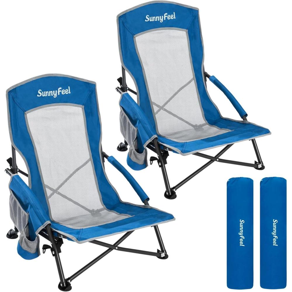 image:imageSUNNYFEEL Low Folding Beach Chair for Adults Portable Lightweight Sling Beach Camping Chairs with Cup Holder ArmrestFoldable Camp Lawn Chair for Outdoor Sand Concert Travel Sport Events300LBSBlue2set