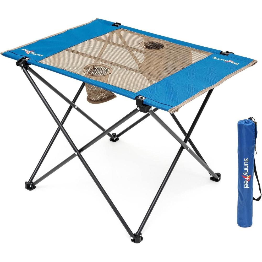 image:imageSUNNYFEEL Outdoor Folding Table Lightweight Mesh Compact Camping Table Roll Up Top 2 People Portable Camp Tables with Carry Bag for PicnicCookingBeachTravelBBQMeshblue1set