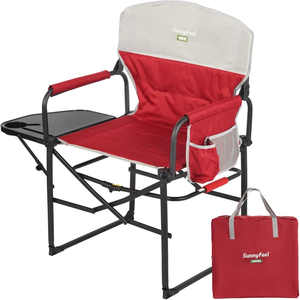 image:imageSUNNYFEEL Oversized Camping Directors Chair Portable Folding Lawn Chairs for Adults Heavy Duty with Side TablePocket for Beach FishingPicnicConcertTailgatingOutdoor Foldable Camp ChairPadded Red